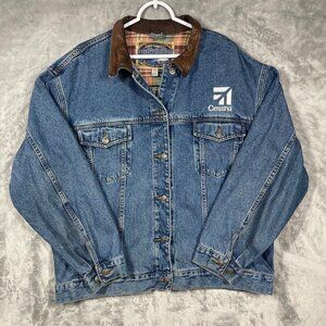 Vintage Dunbrooke Upstream Denim Jacket Womens XL Leather Collar Cessna
